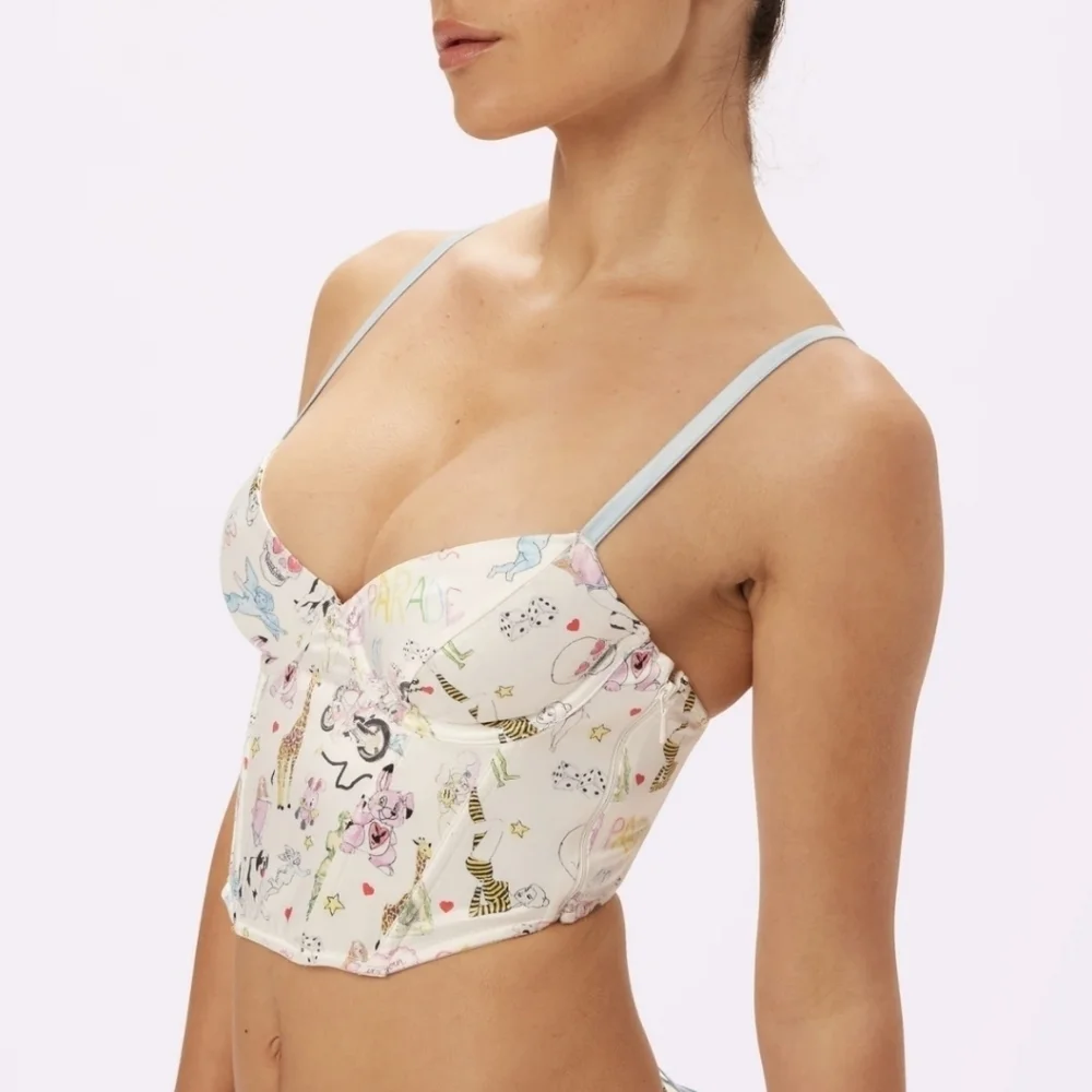 NWT Parade Afterglow‎ Lace-Up Corset Glow Satin Top in Summer Doodles Size M